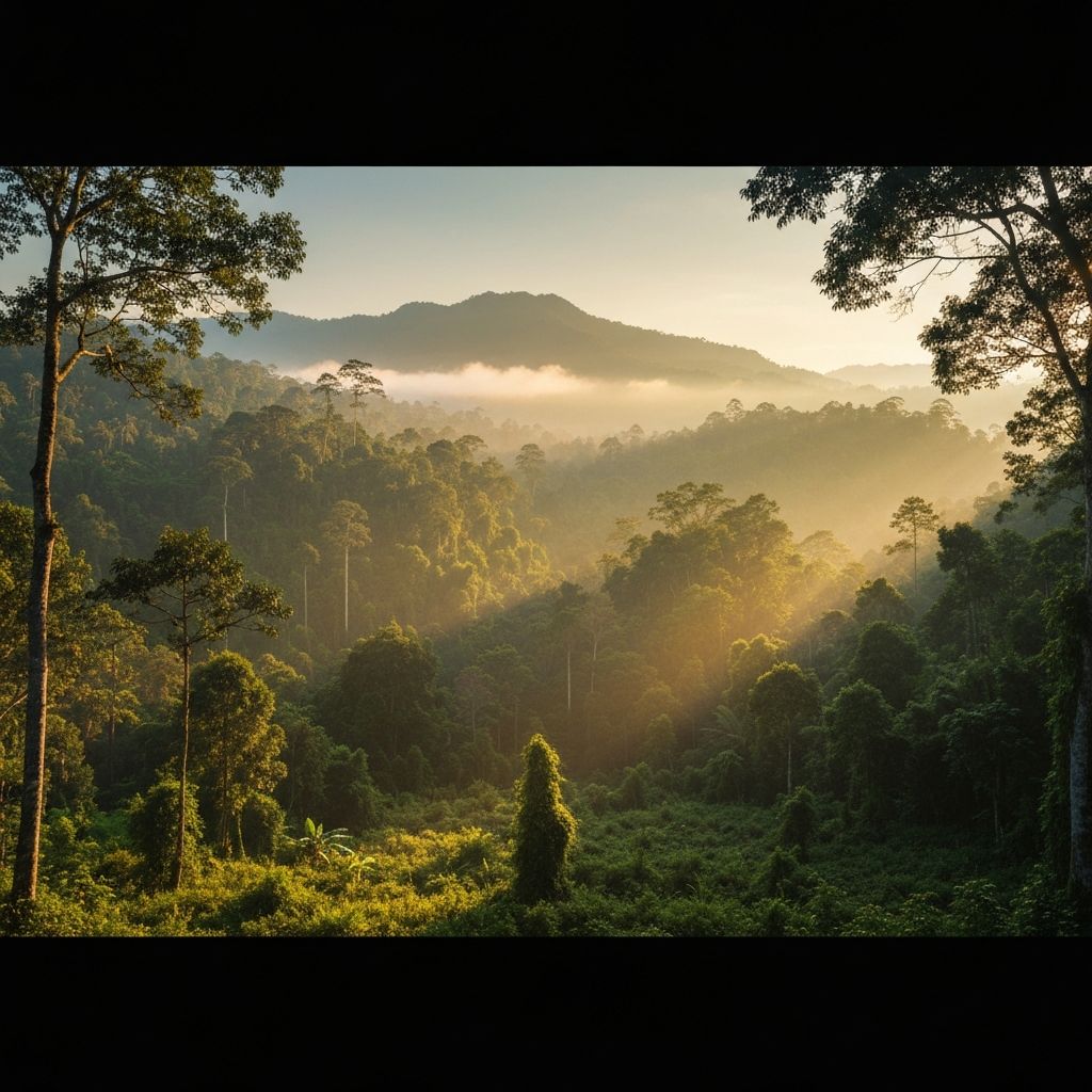 Pemandangan hutan tropis yang tenang di pagi hari