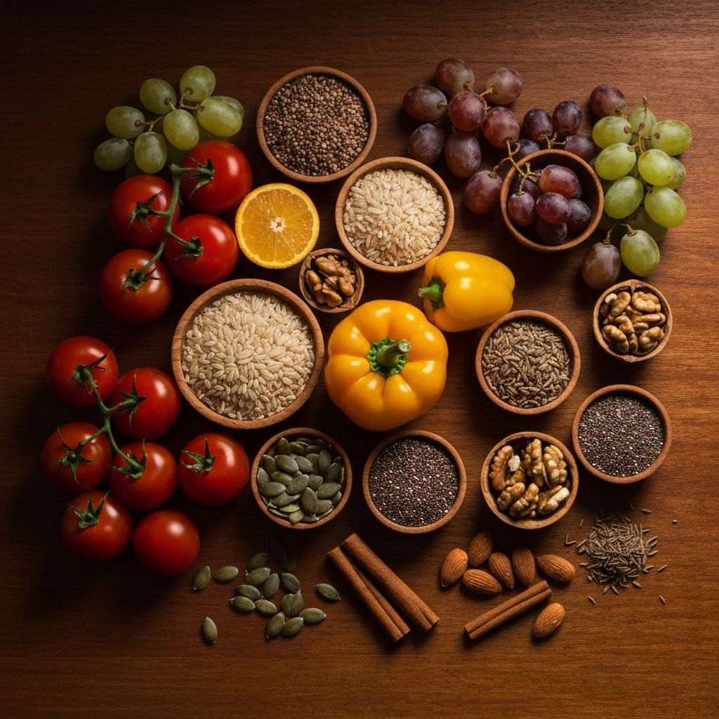 Berbagai makanan alami segar — sayuran, buah, biji-bijian